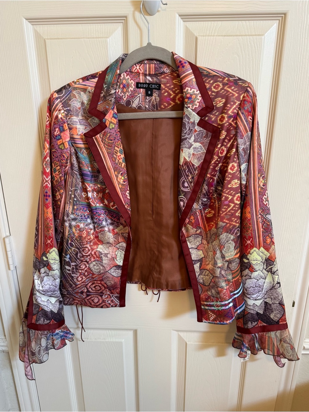 NWT Boho Chic Women’s Burgundy Patterned Lightweight Blazer Jacket Size 8